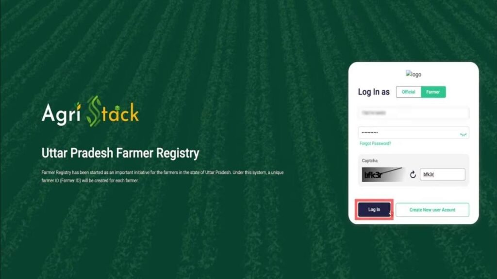 enter mobile number, password, capcha and otp for login Farmer Registry Portal