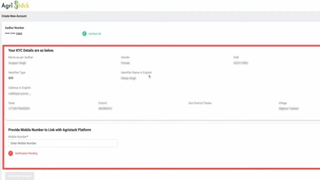 enter mobile number and create password for login Farmer Registry Portal